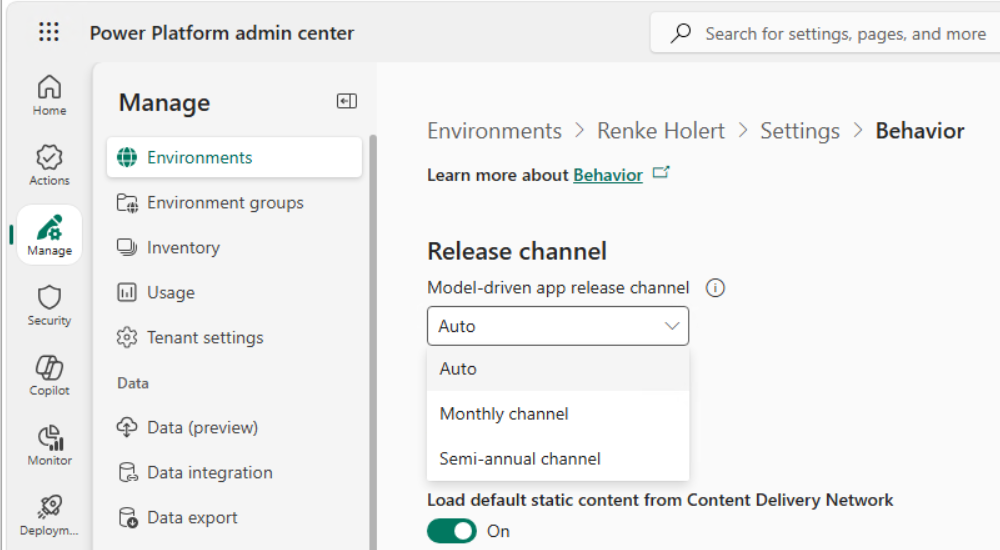 Power Platform admin center, environment Behavior settings: the model-driven app release channel dropdown with the options Auto, Monthly channel and Semi-annual channel