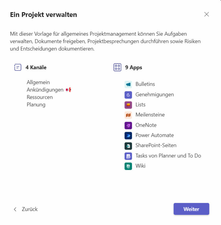 Channels and apps of the Microsoft Teams template Manage a Project