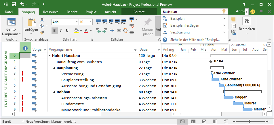 Befehle zu Begriff finden in MS Project 2016