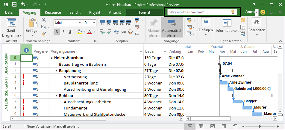 Was möchten Sie tun Funktion in MS Project 2016 Was möchten Sie tun Funktion in MS Project 2016