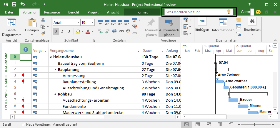 Was möchten Sie tun Funktion in MS Project 2016