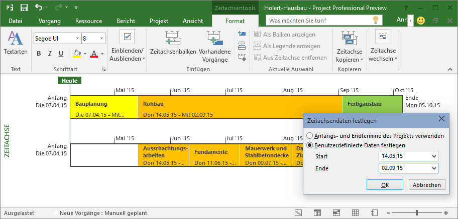 Datumsbereich festlegen in MS Project 2016