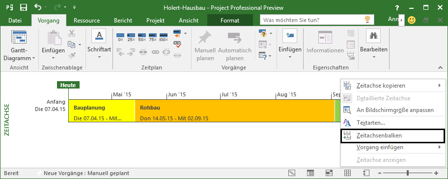 Neue Zeitachse in MS Project 2016 anlegen Neue Zeitachse in MS Project 2016 anlegen