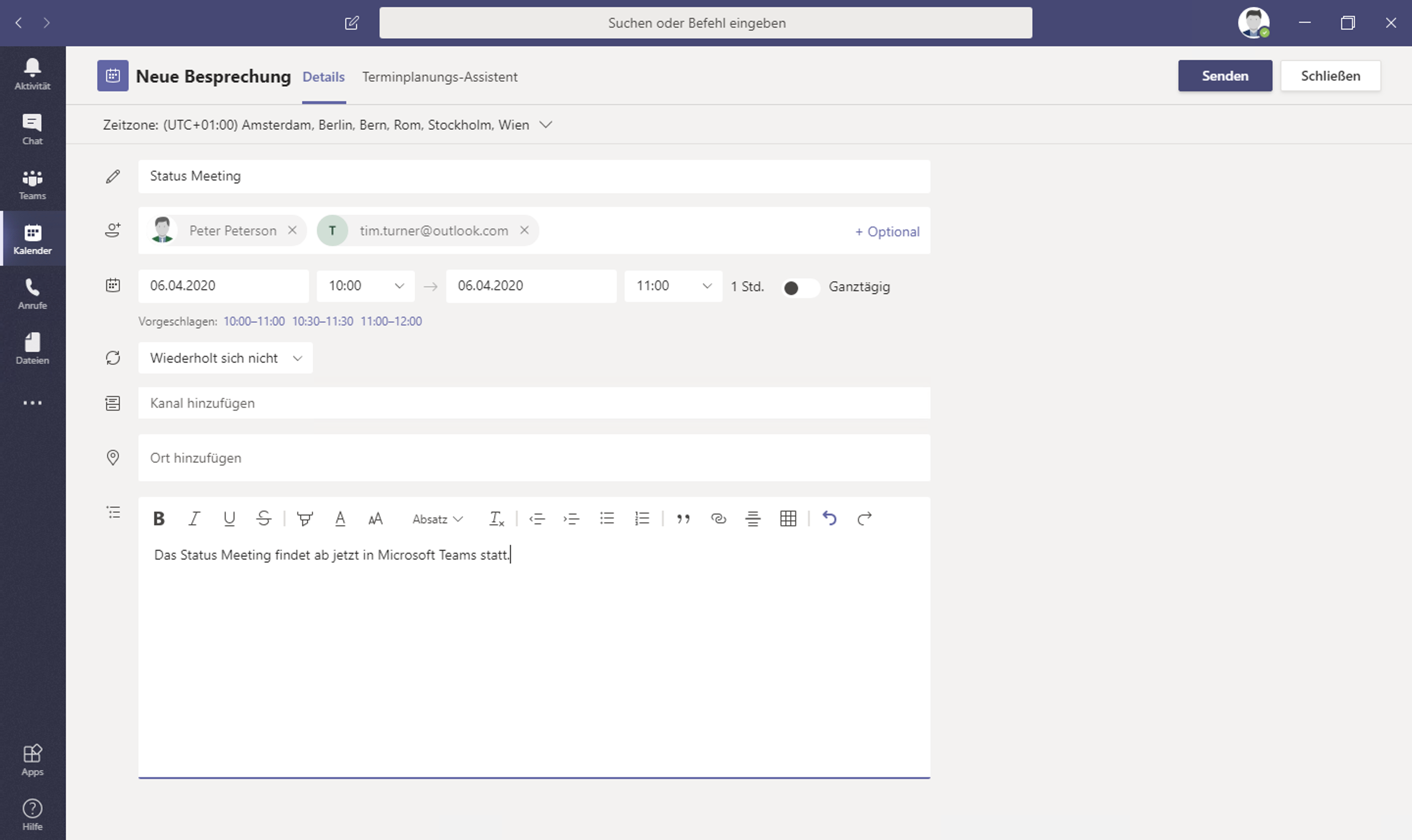 Online Vorlesung planen – Microsoft Teams Dialog