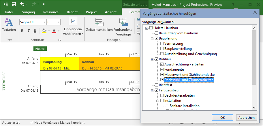 Zeitachsenvorgänge hinzufügen in MS Project 2016