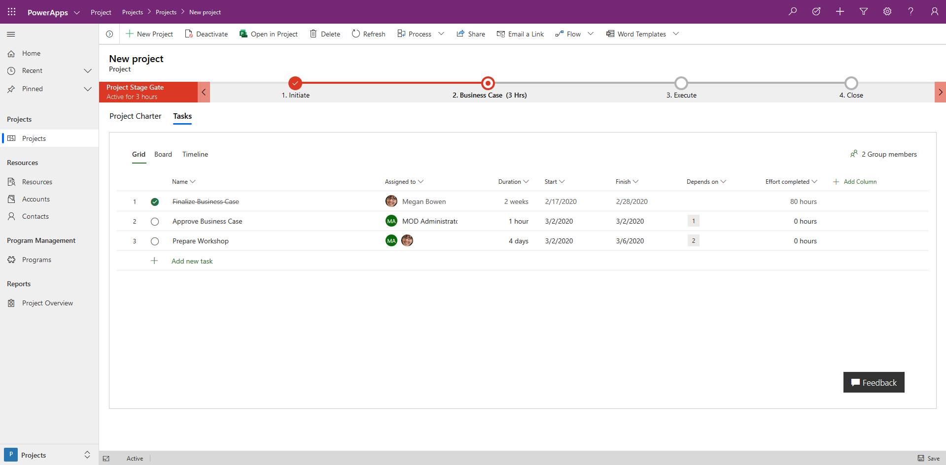 Project PowerApp Tasks Grid