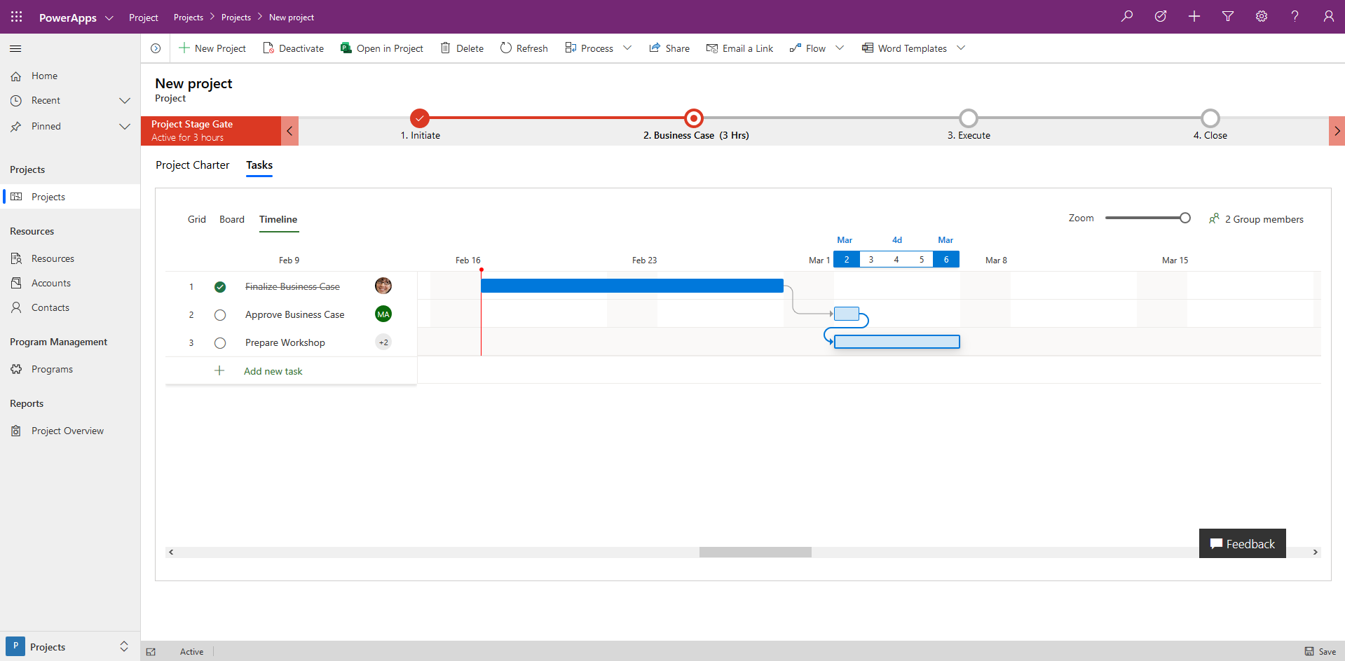 Project Power App Tasks Timeline